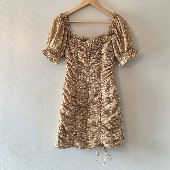 Finders Keepers Rosie Tan Polka Dot Ruched Fitted Feminine Mini Dress Size Small - Picture 7 of 16